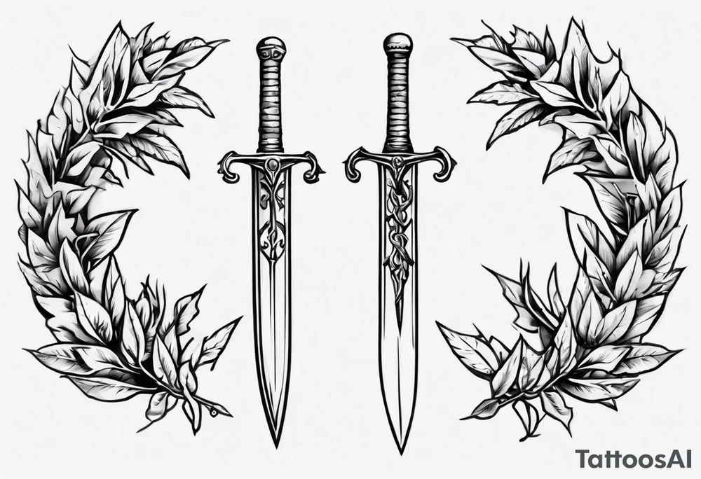 A sword and the number 13 in the middle of a laurel leaf wreath tattoo idea