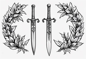 A sword and the number 13 in the middle of a laurel leaf wreath tattoo idea