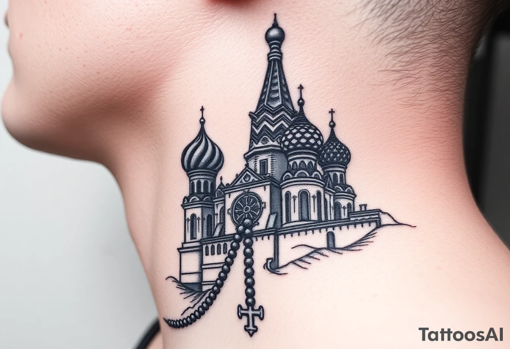 St. Basil's Cathedral scene with a christian orthodox in a ak47 style with a beaded orthodox thurible chain tattoo idea