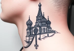 St. Basil's Cathedral scene with a christian orthodox in a ak47 style with a beaded orthodox thurible chain tattoo idea