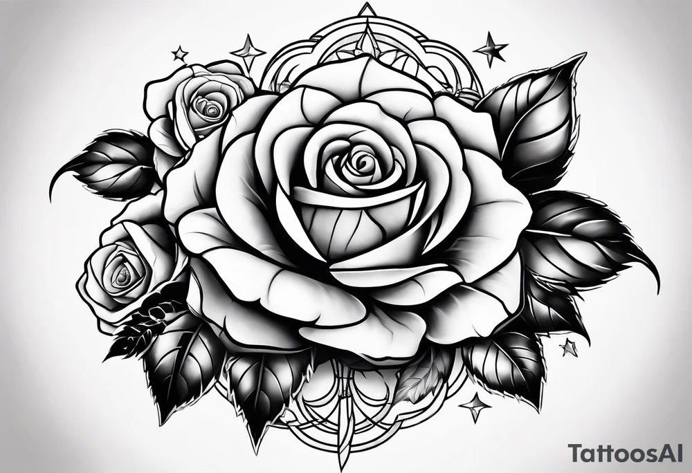 Tesseract with big roses and small stars around it tattoo idea