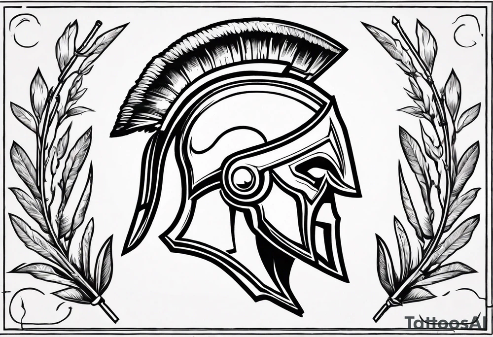 rectangular landscape format ultra-fine line linework vector of a spartan from the side, spartan spear, spartan shield, laurel wreath tattoo idea