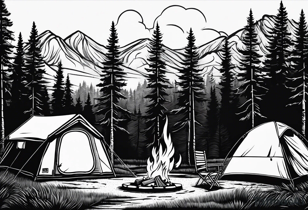 Campground with onr small tent and small fire pit with smoke pillowing out of it. three large pine trees being the focus in the background. tattoo idea