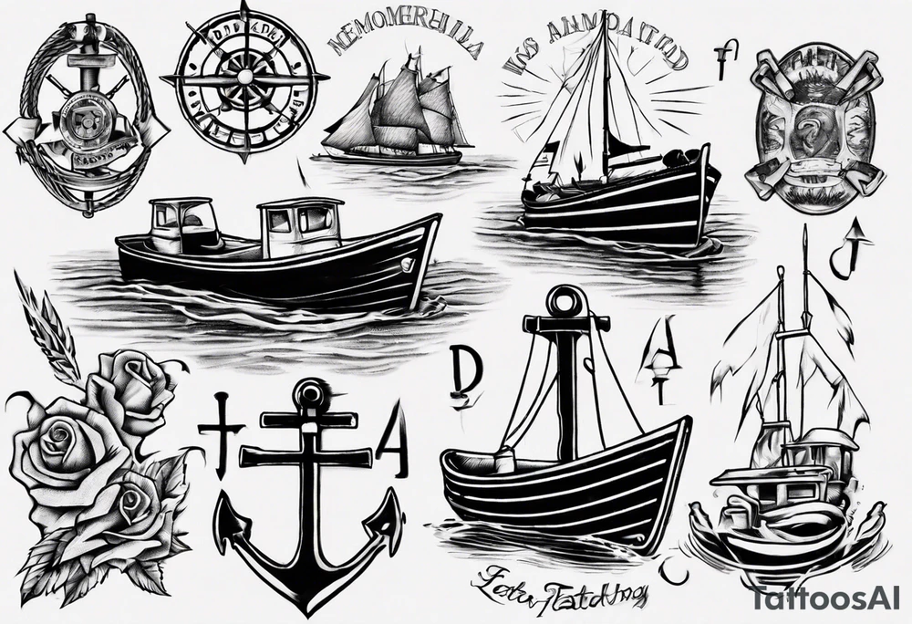 memorial tattoo for my father. include an open boat and motor with dad at the engine and a boy in the front of the boat. try to tie in other hobbies like playing cribbage, woodworking, and watching jeopardy tattoo idea