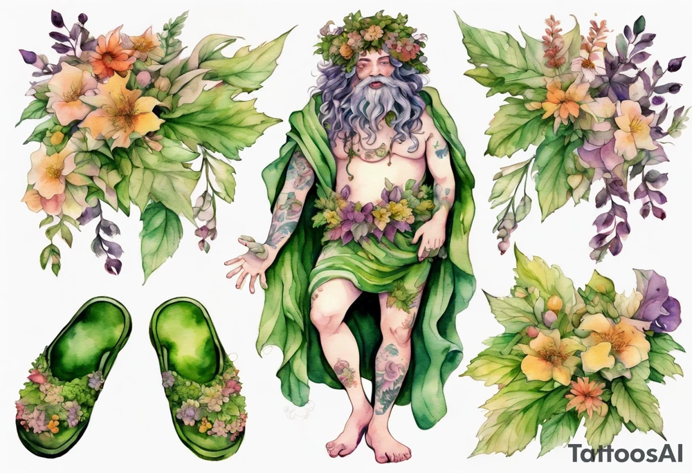 Dionysus covered in flowers and leaves wearing mossy slippers tattoo idea