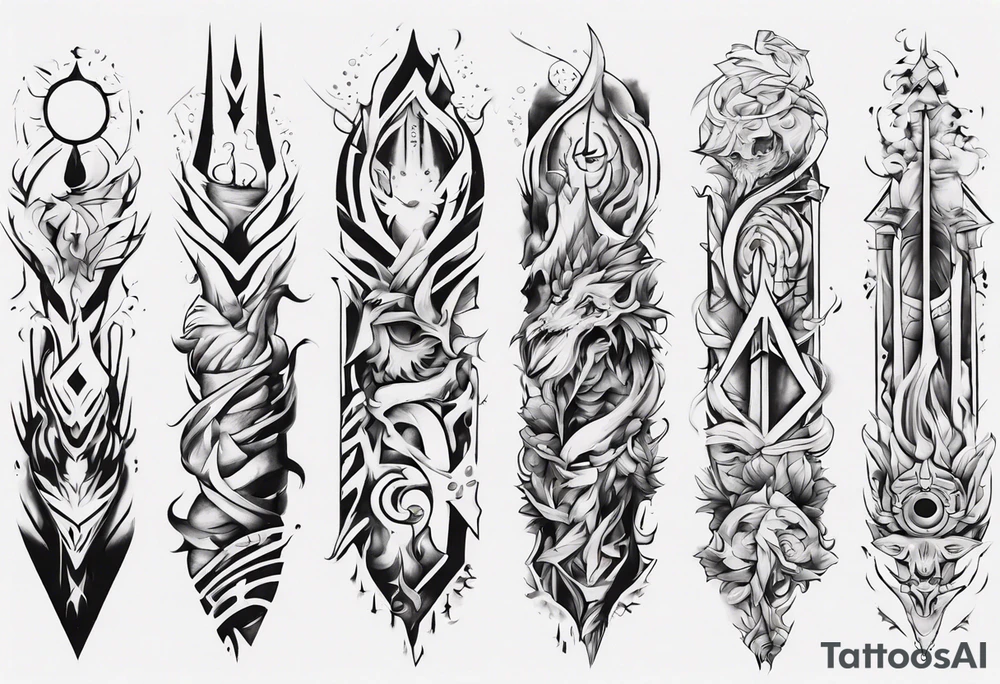 Design a vertical tattoo where shapes and lines represent various stages of my life, reflecting the evolution of my character and perception. Ensure it suits the placement on the back of the forearm tattoo idea