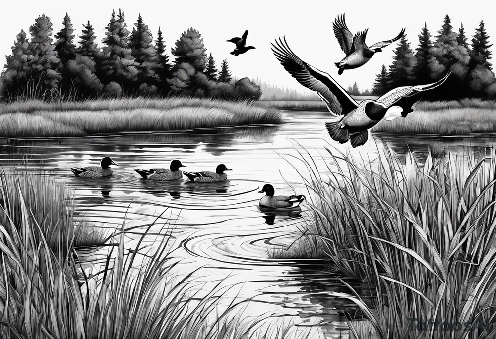ducks flying over marsh and dog watching them tattoo idea ducks flying over marsh and dog watching them tattoo idea