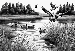 ducks flying over marsh and dog watching them tattoo idea