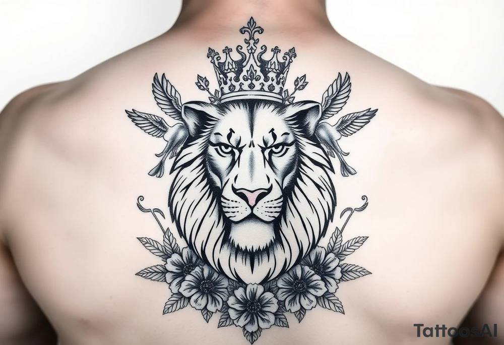 powerful majestic lion with a crown, surrounded by floral ornaments and birds tattoo idea