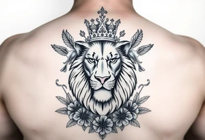 powerful majestic lion with a crown, surrounded by floral ornaments and birds tattoo idea