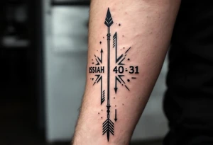 native american full-length arrow saying "Isaiah 40:31" tattoo idea