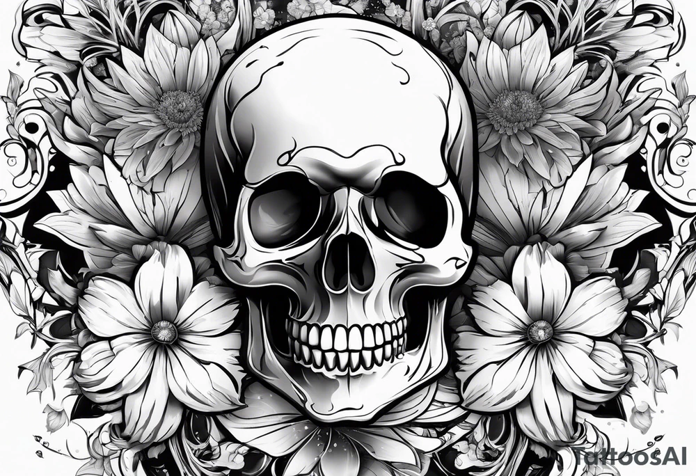 skull and aster flower tattoo idea