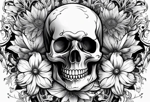 skull and aster flower tattoo idea