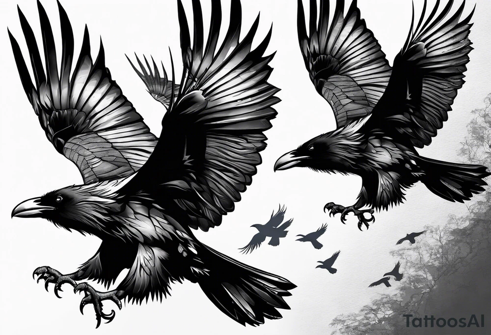 three ravens in flight tattoo idea