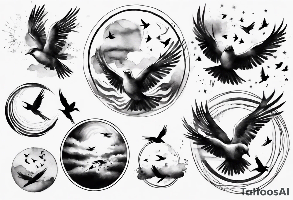 shoulder tattoo with light rays with birds flying free among the clouds, round shape, 3d effect tattoo idea shoulder tattoo with light rays with birds flying free among the clouds, round shape, 3d effect tattoo idea