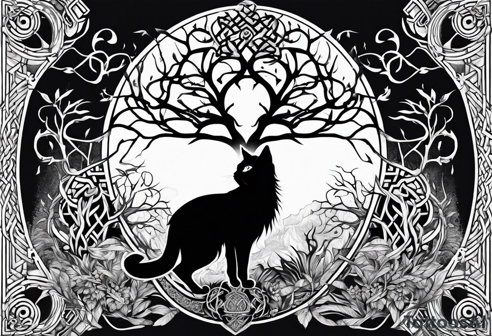yggdrasil with a cat and a raven and knotwork tattoo idea
