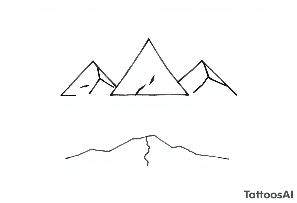 A minimalist geometric composition featuring three triangular peaks of varying sizes, forming a stylized mountain range. Each peak is outlined with clean, sharp lines, and the tallest peak is centered for balance. Below the mountains is a thin, straight horizontal line, representing a trail or path. tattoo idea