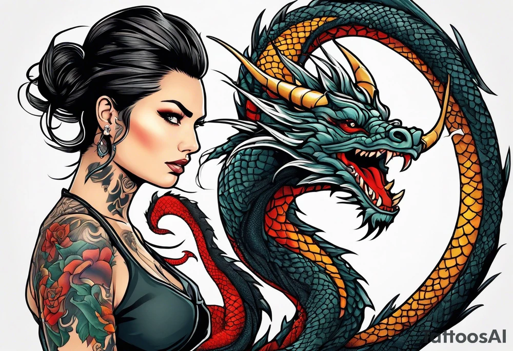 Naked woman fighting a dragon tattoo idea