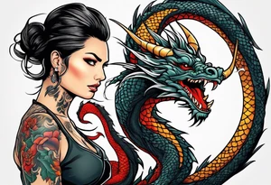 Naked woman fighting a dragon tattoo idea