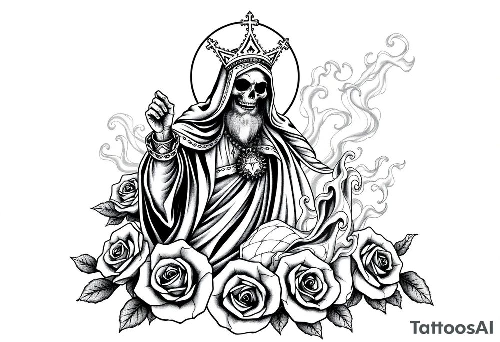 Evil Santa muerte rising out of smoke surrounded by 
 roses tattoo idea