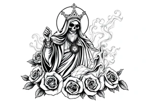 Evil Santa muerte rising out of smoke surrounded by 
 roses tattoo idea