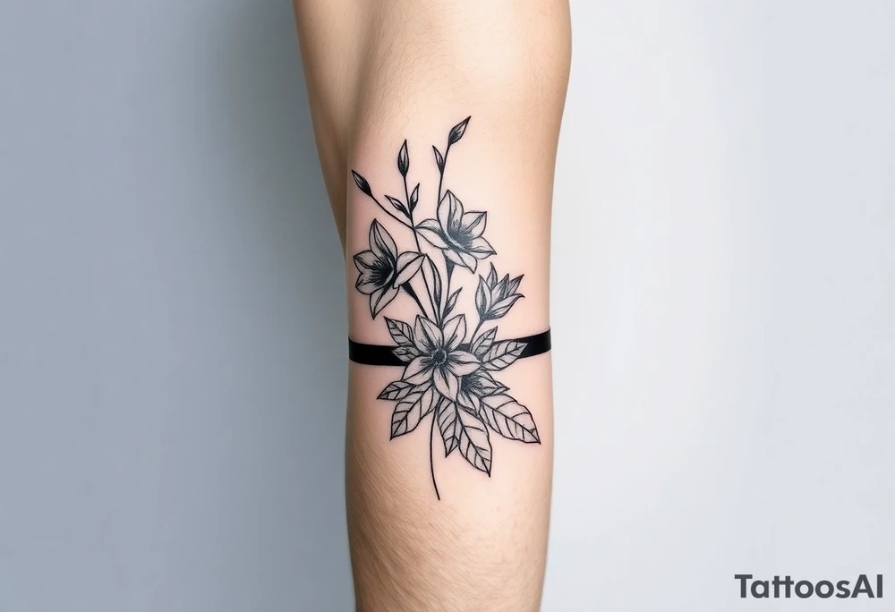 starting from a band mid forearm, narcissus flowers and holly flowers going up the arm tattoo idea