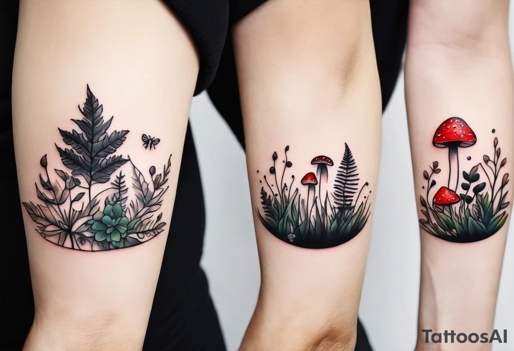 minimalistic forest floor inspired tattoo, which includes grass, curly ferns and dead leaves as the bulk of the tattoo. details to include: three  tiny strawberries, couple of very small mushrooms, a tiny bumblebee flying nearby tattoo idea