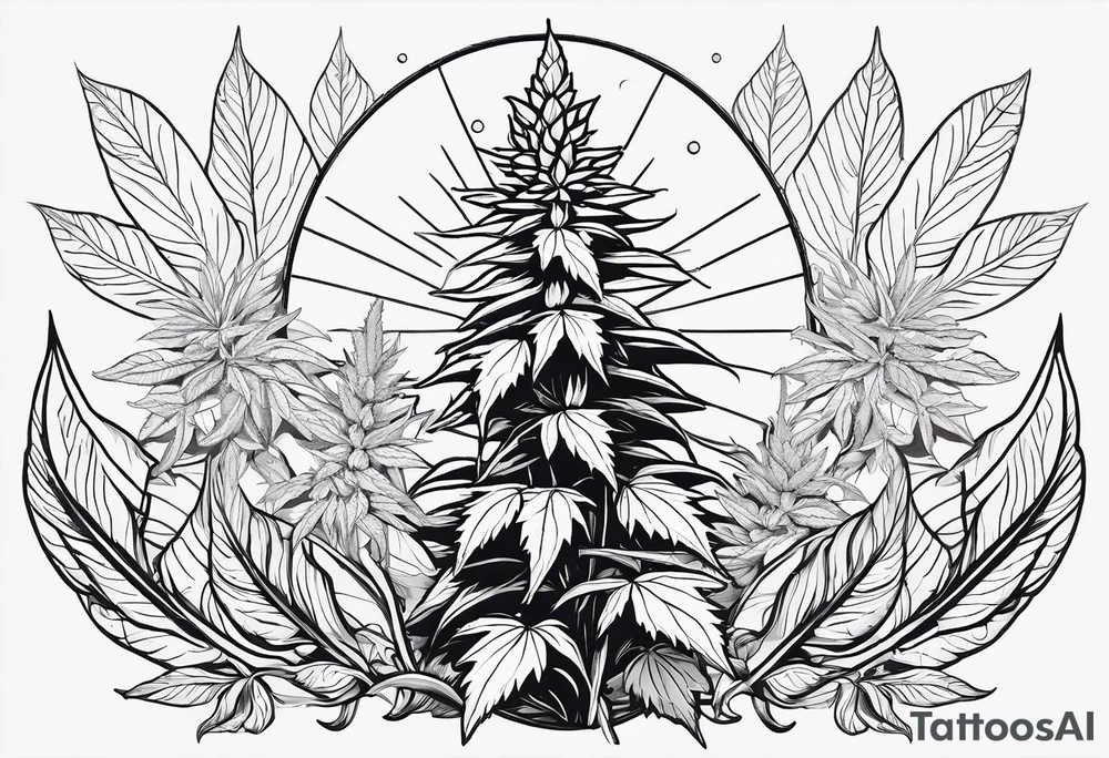 Minimal line art of cannabis plant from base to top with buds blooming. Around it are other plants like pothos leaves and mushrooms about to fruit. Incorporate the solar cycle and lunar cycle. Add crystals tattoo idea