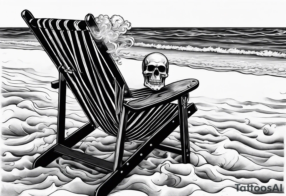 Skull smoke on the beach sitting in a beach chair with a beer in its hand tattoo idea