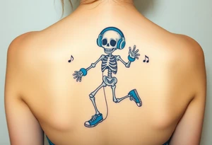 Cute smiling skeleton jumping on a jump rope with blue headphone and blue tennis shoes and blue armbands with nice  music notes on the headphones tattoo idea