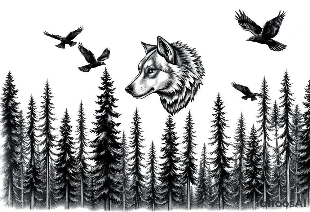 Densely wooded area with tall pine trees with a large wolf head hovering in the foreground, four ravens flying overhead, tattoo idea