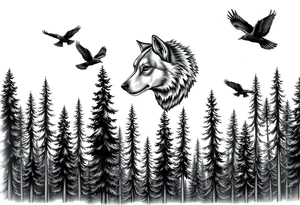 Densely wooded area with tall pine trees with a large wolf head hovering in the foreground, four ravens flying overhead, tattoo idea