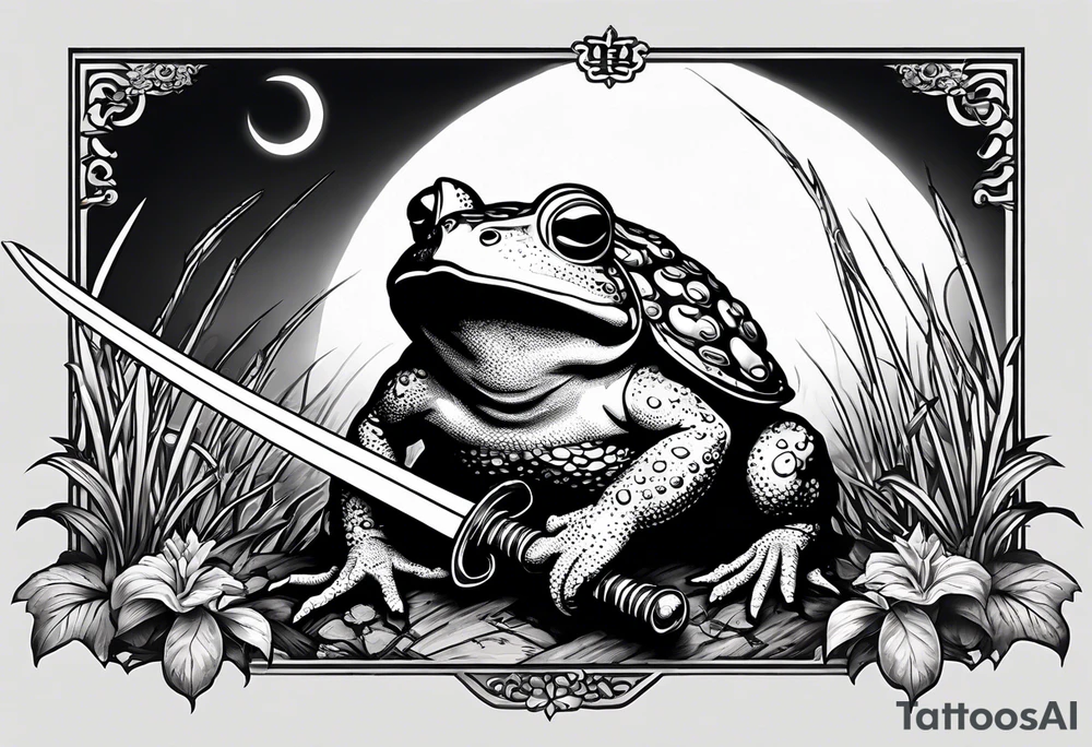 toad with sword; samurai sword Is pointing down(sword stuck in the ground) as if the toad was standing; no clothes tattoo idea