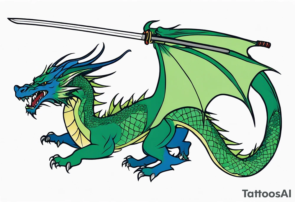 Blue and green dragon around a katana sword tattoo idea