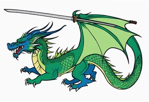 Blue and green dragon around a katana sword tattoo idea