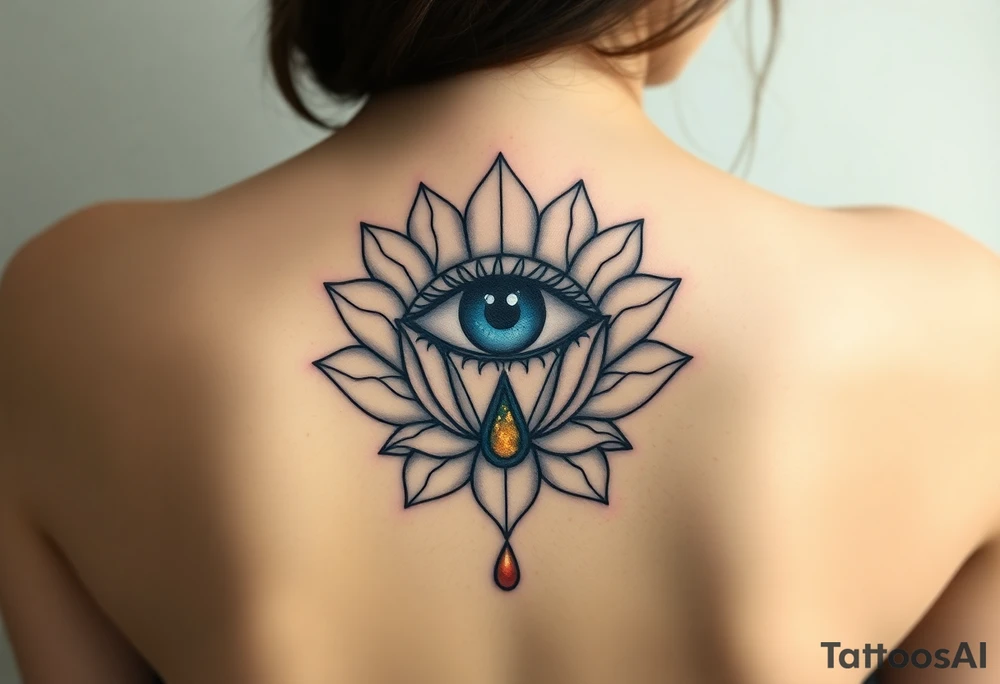 Teary eye with a dripping teardrop with gold flecks suspended in a lotus flower tattoo idea