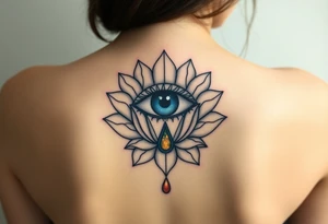 Teary eye with a dripping teardrop with gold flecks suspended in a lotus flower tattoo idea