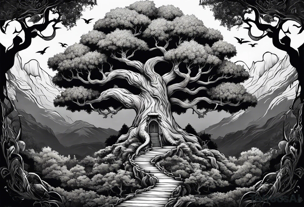 Tree of yigdrassil with dragon and skulls tattoo idea
