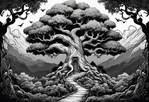 Tree of yigdrassil with dragon and skulls tattoo idea
