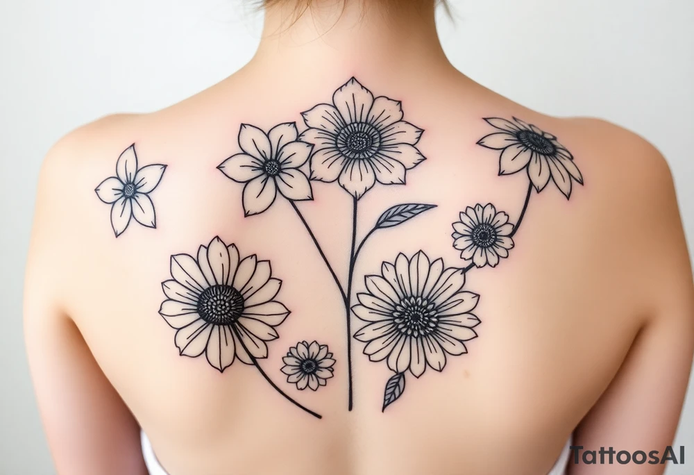 I was hoping to get Violets, honeysuckle, marigolds and chrysanthemums. Just outlines with some shading I like the geometric shapes within them and not a ton of leaves tattoo idea