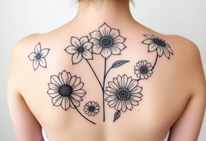 I was hoping to get Violets, honeysuckle, marigolds and chrysanthemums. Just outlines with some shading I like the geometric shapes within them and not a ton of leaves tattoo idea