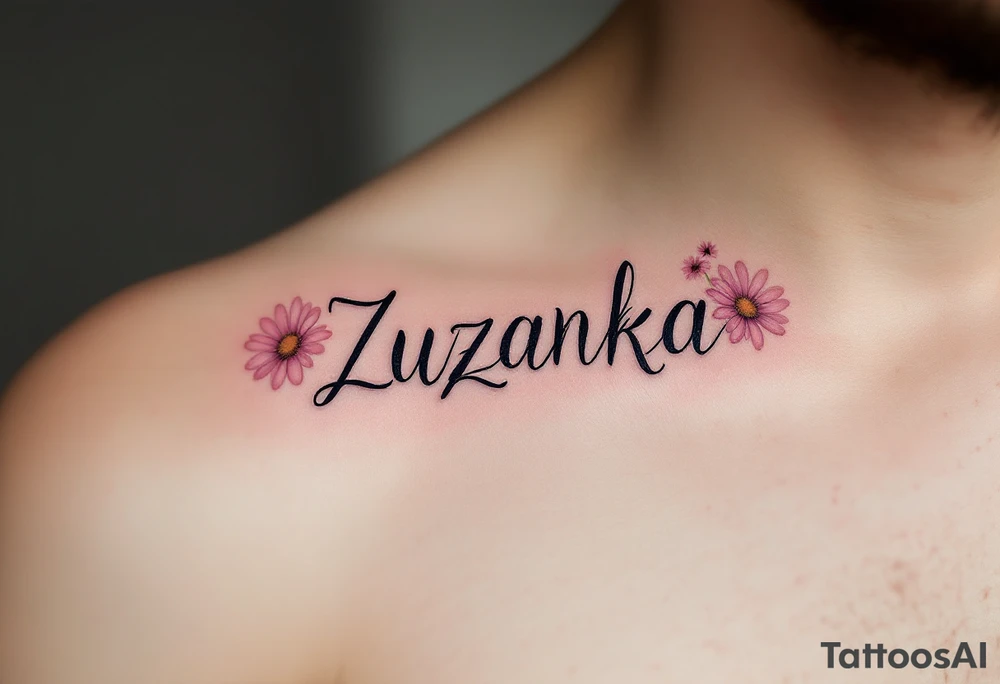Zuzanka written in gentle cursive, nestled among pastel pink and white daisies tattoo idea