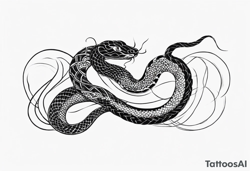 Double headed snake tattoo for placement along the spine in japanese style where the head is positioned at the bottom end of my spine to symbolise a journey of healing and transformation with small reference to ying yang tattoo idea
