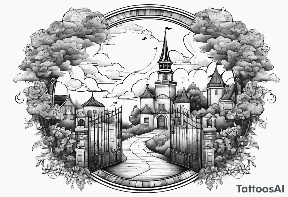 heaven summer town with tower houses gate entrance 
 in circle clouds  vignette tattoo idea