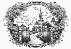 heaven summer town with tower houses gate entrance 
 in circle clouds  vignette tattoo idea