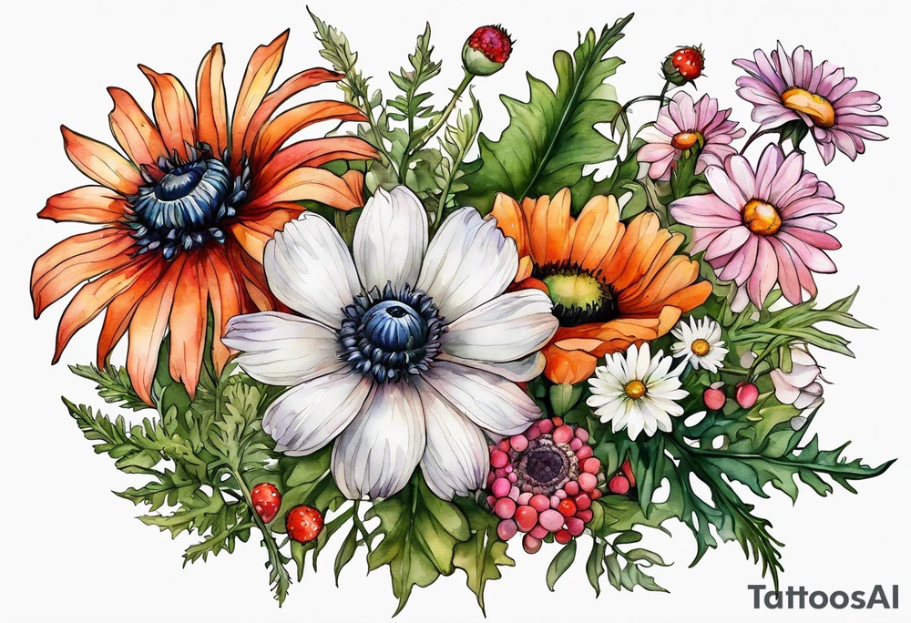 wildflowers with thistles, ferns, white anemones, sun flowers, orange flowers, green flowers, pink flowers, red flowers, berries and babies breath and daisies all in watercolor tattoo idea
