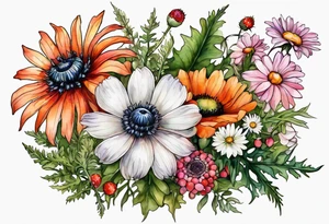 wildflowers with thistles, ferns, white anemones, sun flowers, orange flowers, green flowers, pink flowers, red flowers, berries and babies breath and daisies all in watercolor tattoo idea