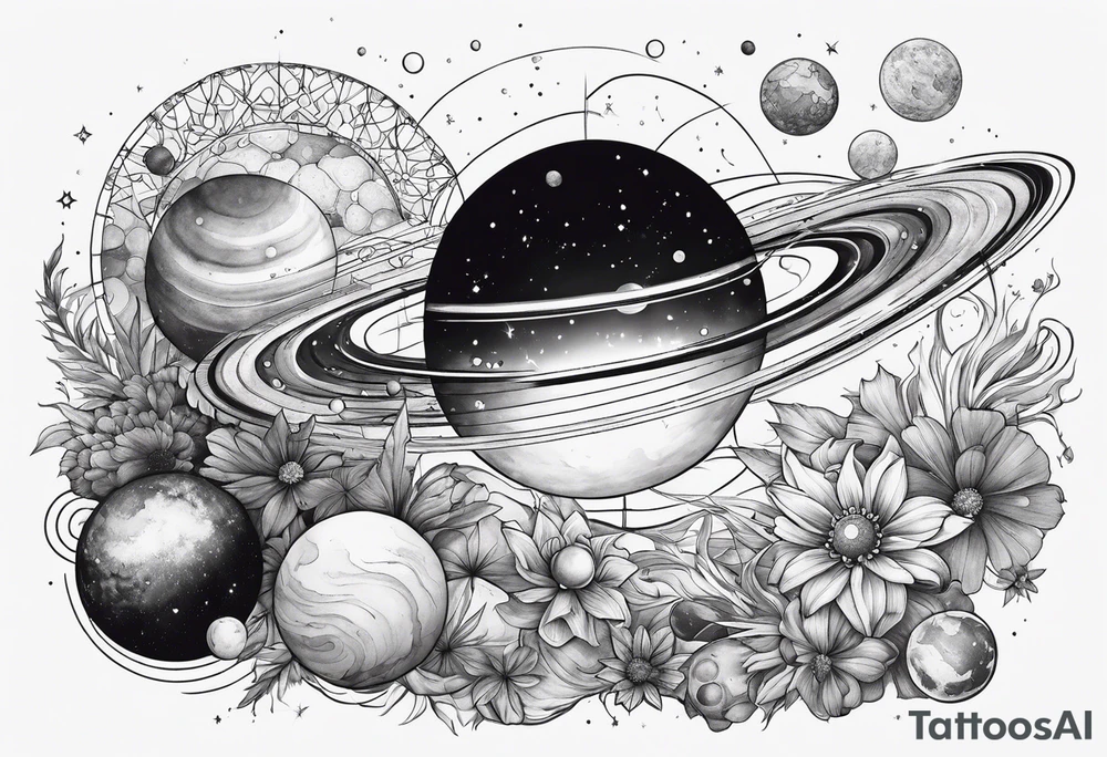 Cosmos with galaxies and planets tattoo idea