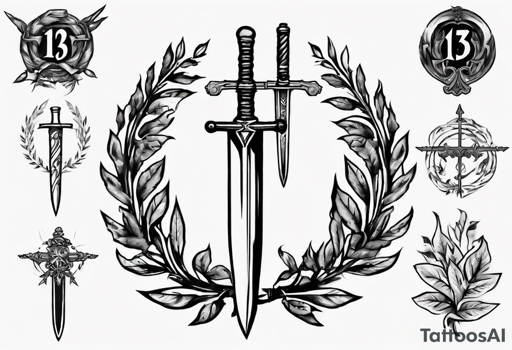 number 13 centered in a laurel leaf wreath and a sword going through the center of the wreath tattoo idea