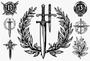 number 13 centered in a laurel leaf wreath and a sword going through the center of the wreath tattoo idea